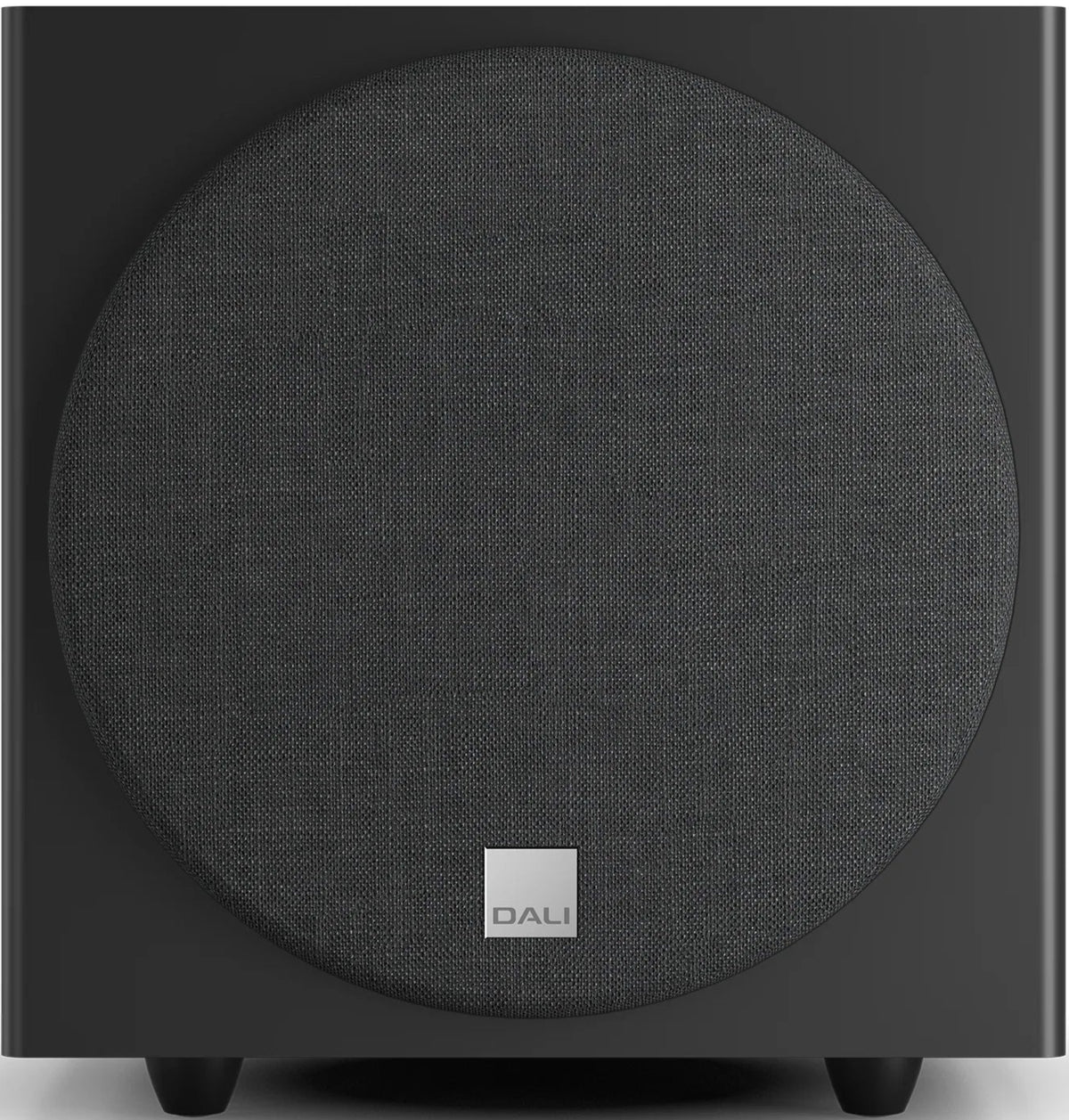 DALI Sub E-9 F black satin subwoofer showing sleek design and front grille for immersive home theater sound.