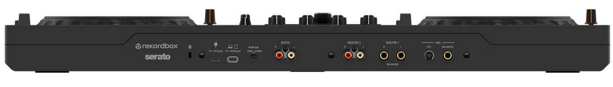 AlphaTheta DDJ-GRV6 DJ controller shown from rear angle with multiple input and output ports on a sleek black design.