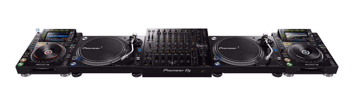 Pioneer DJM-V10 DJ mixer with multiple channels, detailed controls, and professional audio interface for DJ performances.