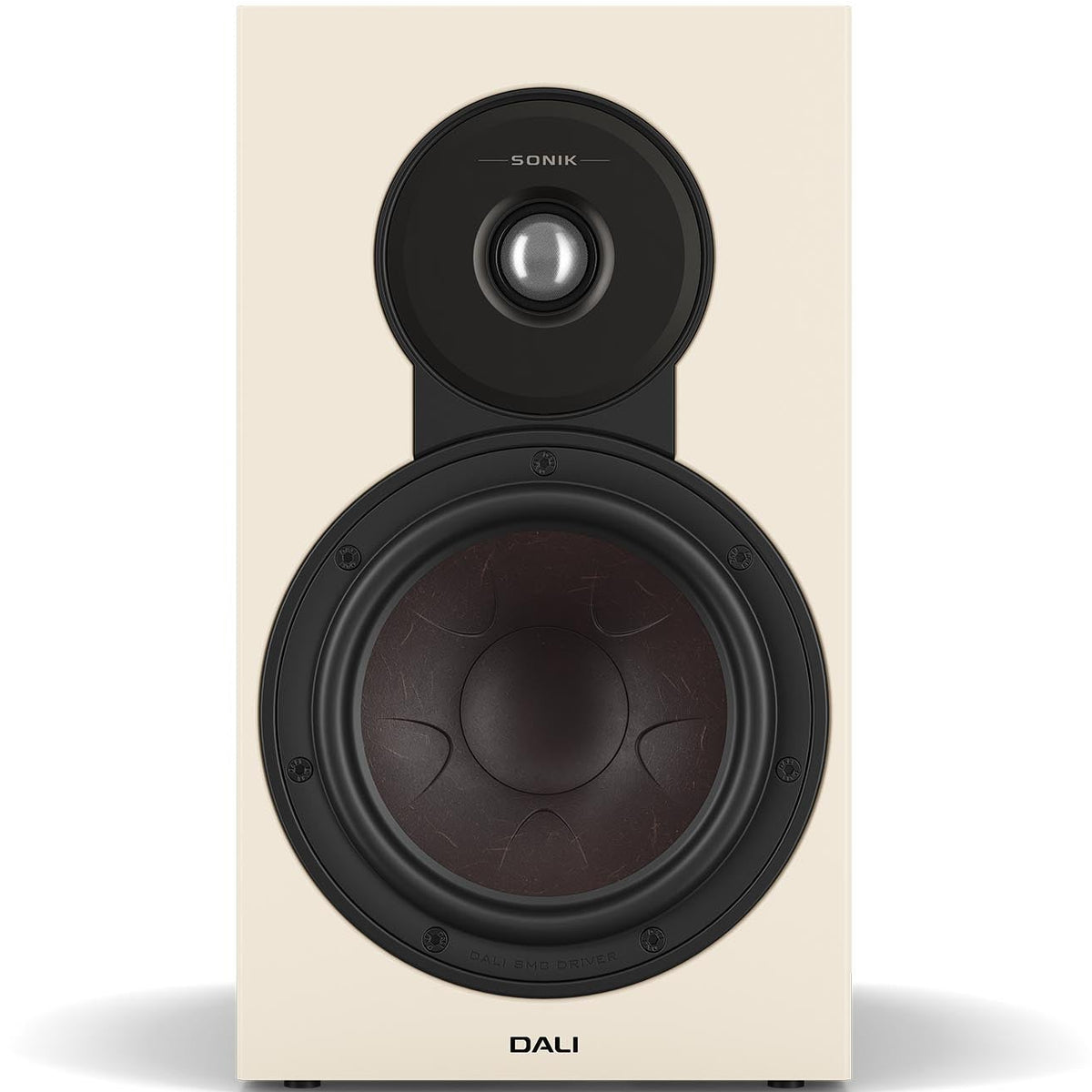 DALI Sonik 3 passive bookshelf speakers with black woodgrain finish, showcasing the front view with speaker grille and branding