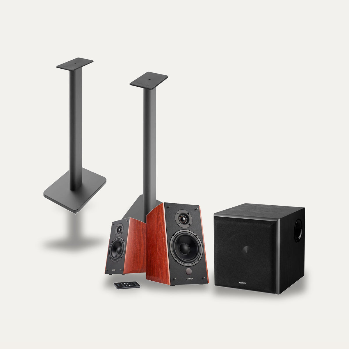 Edifier R2000DB + Kanto SP26 Stands + Edifier T5 2.1 Speaker Set – Stand Colour Black