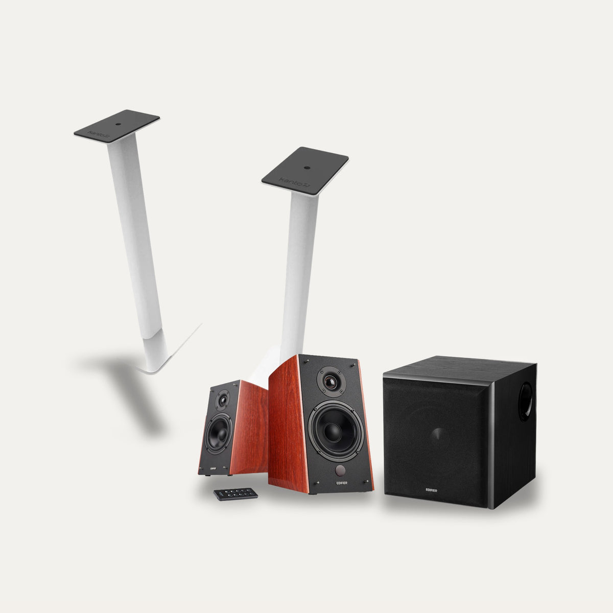 Edifier R2000DB + Kanto SP26 Stands + Edifier T5 2.1 Speaker Set – Stand Colour White