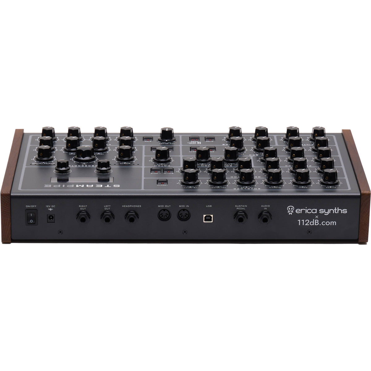 Erica Synths Steampipe desktop synthesizer, gray, top view.