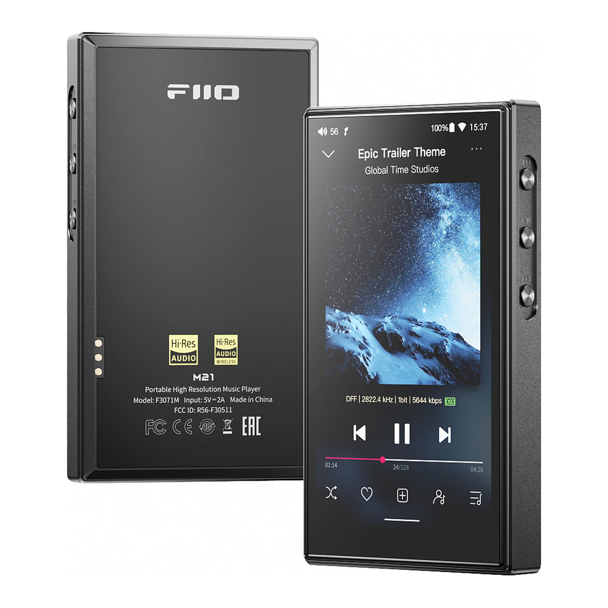 FiiO M21 portable music player, in black, front and back view