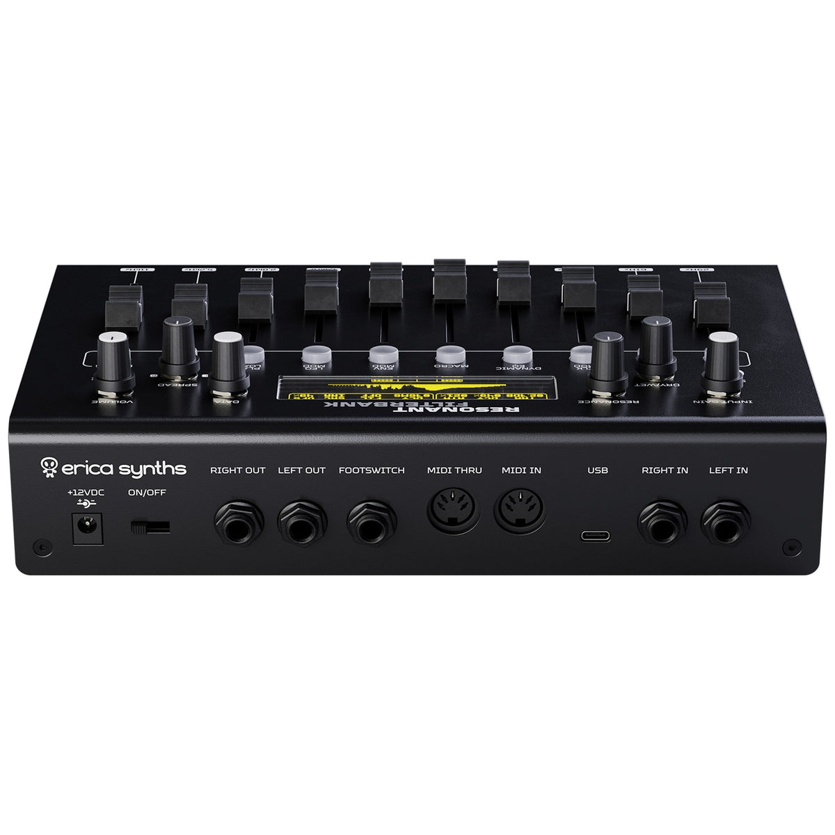 Back view of Erica Synths Resonant Filterbank, a versatile effects unit with multiple filter modules and control knobs.