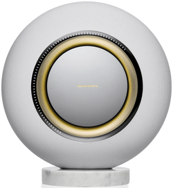 Marantz Horizon Grand wireless speakers with sleek design and modern controls, positioned on a wooden surface.