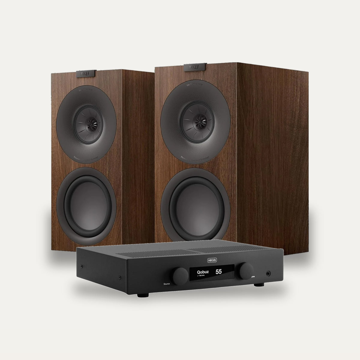 Hegel H150 + KEF Q Concerto Meta Streaming System – Amplifier Colour Black, Speaker Finish Walnut