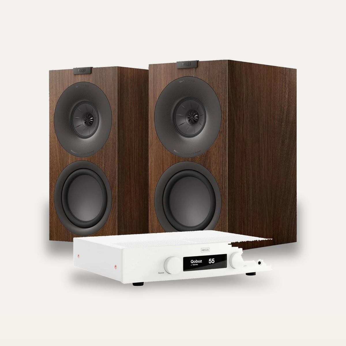 Hegel H150 + KEF Q Concerto Meta Streaming System – Amplifier Colour White, Speaker Finish Walnut