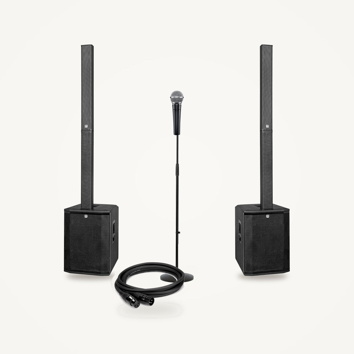 HK Audio POLAR 15 MK2 complete live PA set: two column PA systems, a Shure SM58 on a K&M 260/1 stand and Hosa XLR cables