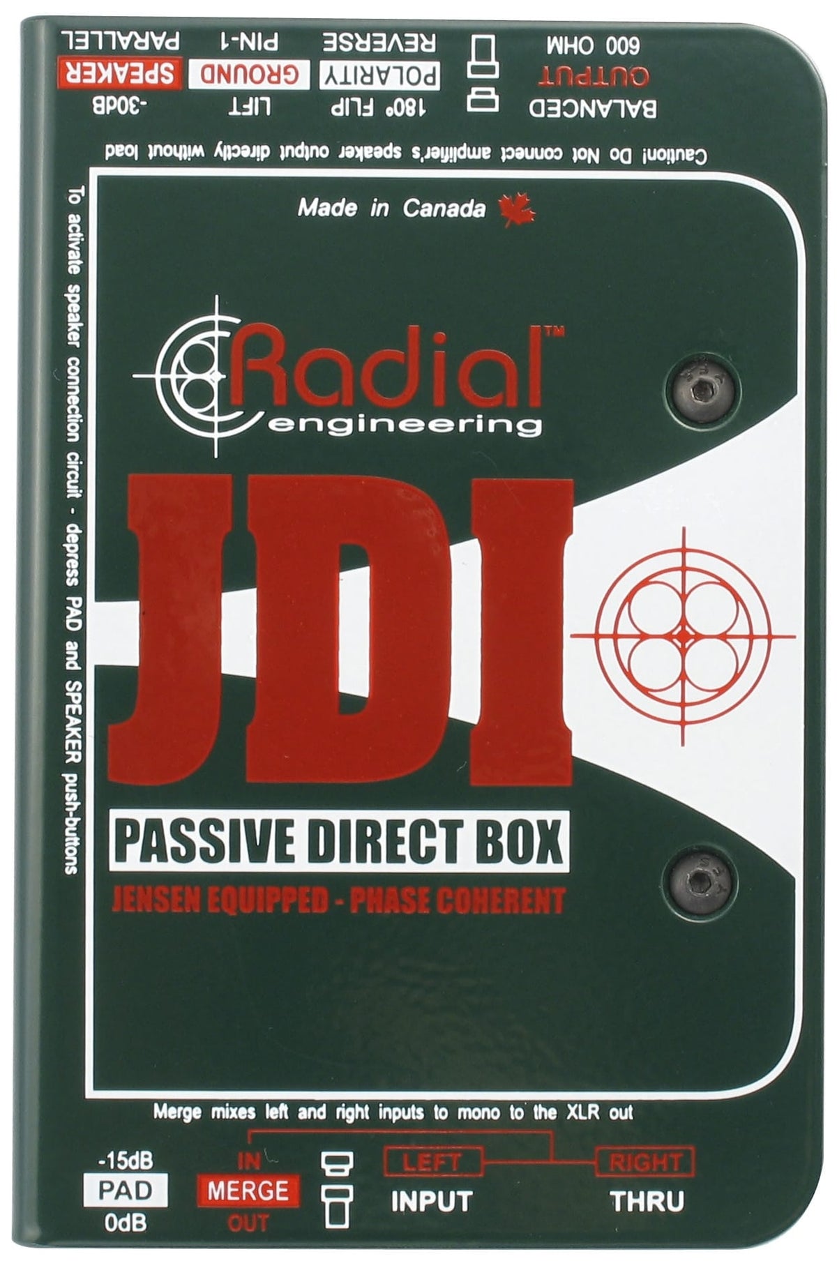 Radial Engineering JDI mono DI box showing top view with input and output jacks on a rugged metal chassis