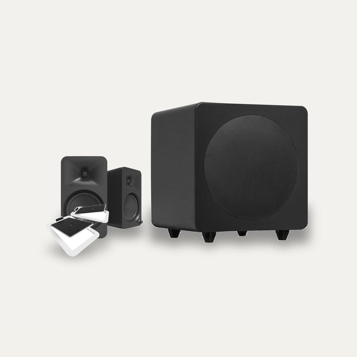 Kanto ORA4 + SUB8V + S4 Stands Desktop 2.1 Set – Speaker Colour Matte Black, Subwoofer Colour Matte Black, Stand Colour White