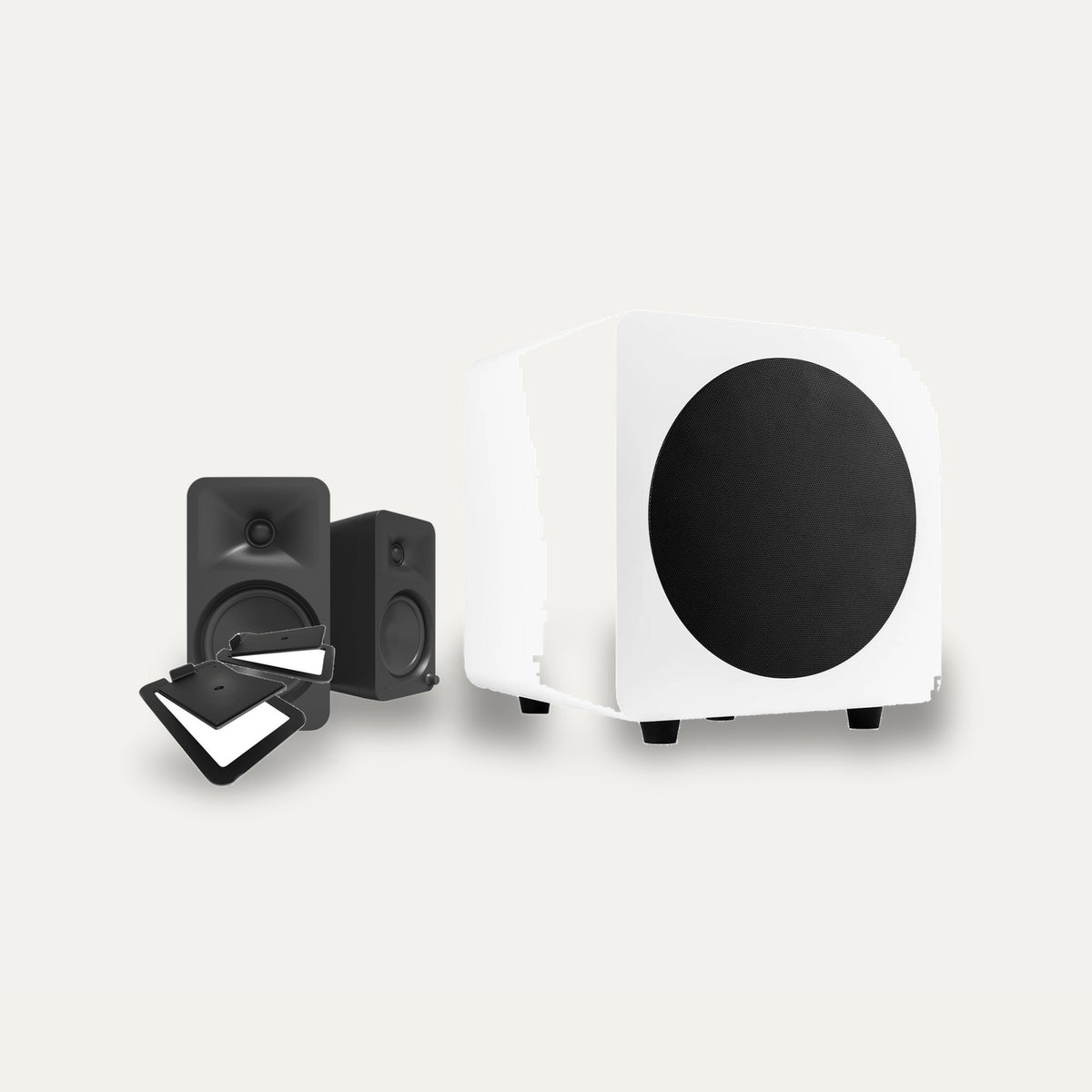 Kanto ORA4 + SUB8V + S4 Stands Desktop 2.1 Set – Speaker Colour Matte Black, Subwoofer Colour Matte White, Stand Colour Black