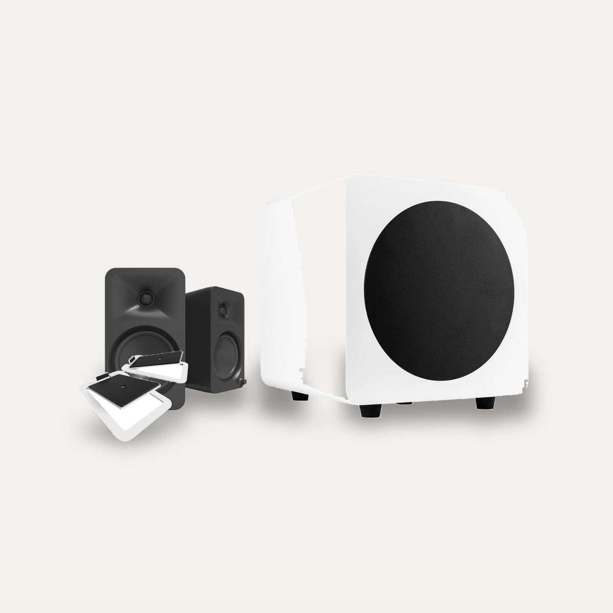Kanto ORA4 + SUB8V + S4 Stands Desktop 2.1 Set – Speaker Colour Matte Black, Subwoofer Colour Matte White, Stand Colour White