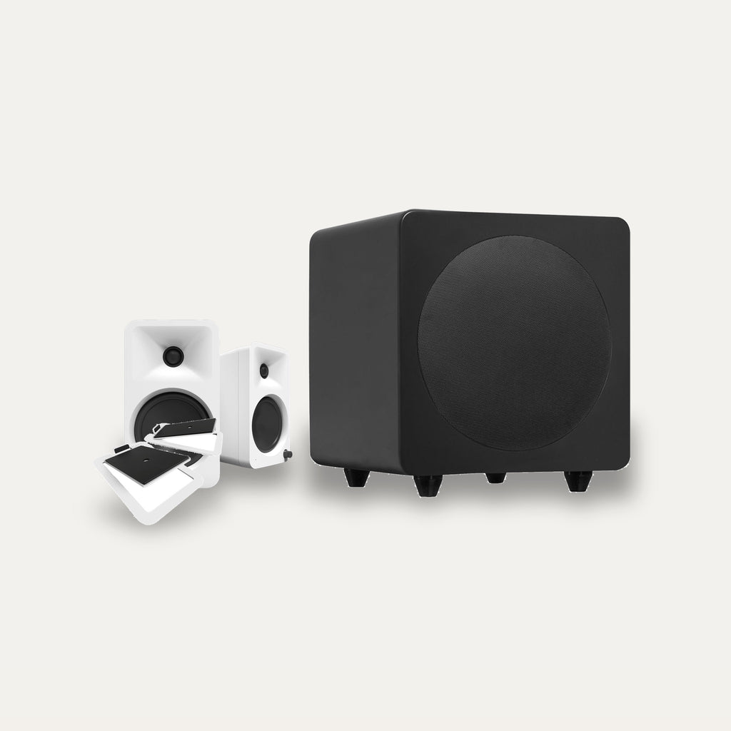Kanto ORA4 + SUB8V + S4 Stands Desktop 2.1 Set – Speaker Colour Matte White, Subwoofer Colour Matte Black, Stand Colour White