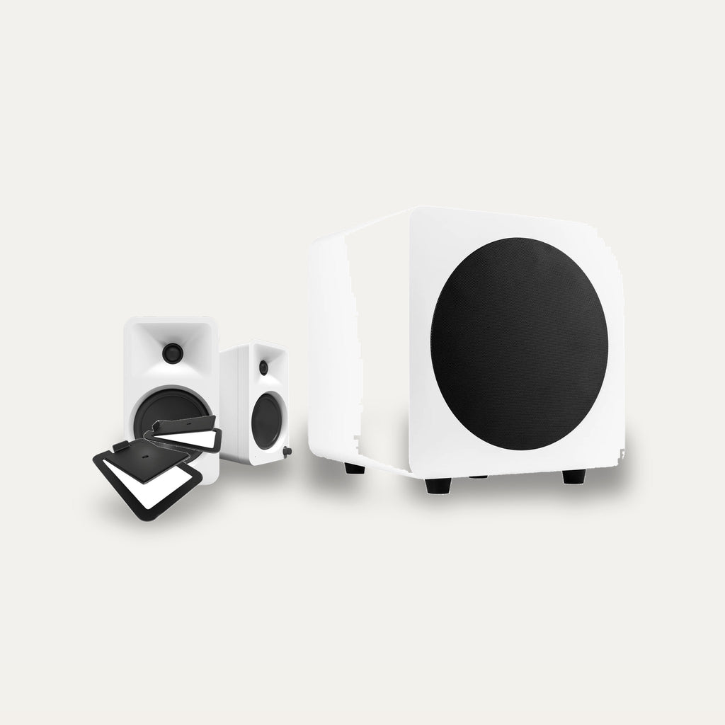 Kanto ORA4 + SUB8V + S4 Stands Desktop 2.1 Set – Speaker Colour Matte White, Subwoofer Colour Matte White, Stand Colour Black