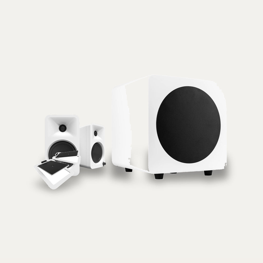 Kanto ORA4 + SUB8V + S4 Stands Desktop 2.1 Set – Speaker Colour Matte White, Subwoofer Colour Matte White, Stand Colour White