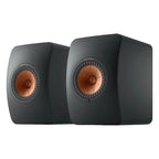 KEF LS50 Wireless II wireless speakers with sleek black cabinets and advanced audio drivers, designed for high-quality sound.