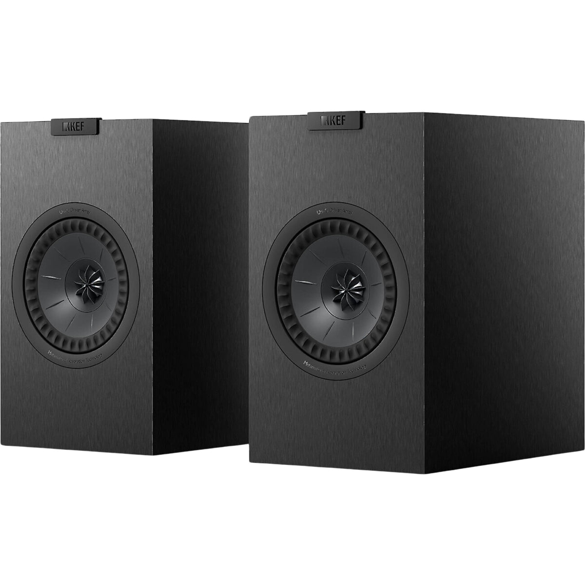 Pair of KEF Q1 Meta passive bookshelf speakers with sleek black cabinets and front-facing drivers on a white background.