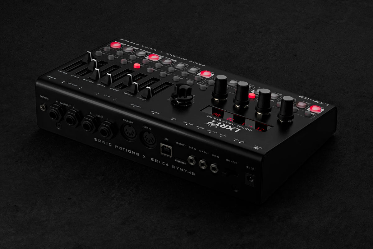 Erica Synths LXR-02 Drum Synthesizer with multiple knobs and buttons, showcasing its compact, professional drum machine interface.