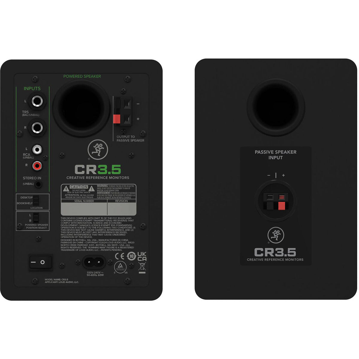 Mackie CR3.5 desktop speakers, rear panel inputs in black