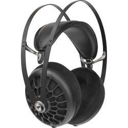 Close-up of Meze Audio 105 AER wired headphones with cushioned ear cups and sleek black design.