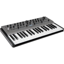 Modal Electronics Carbon8 keyboard synthesizer showing the top, front, and left side with its control panel and display.