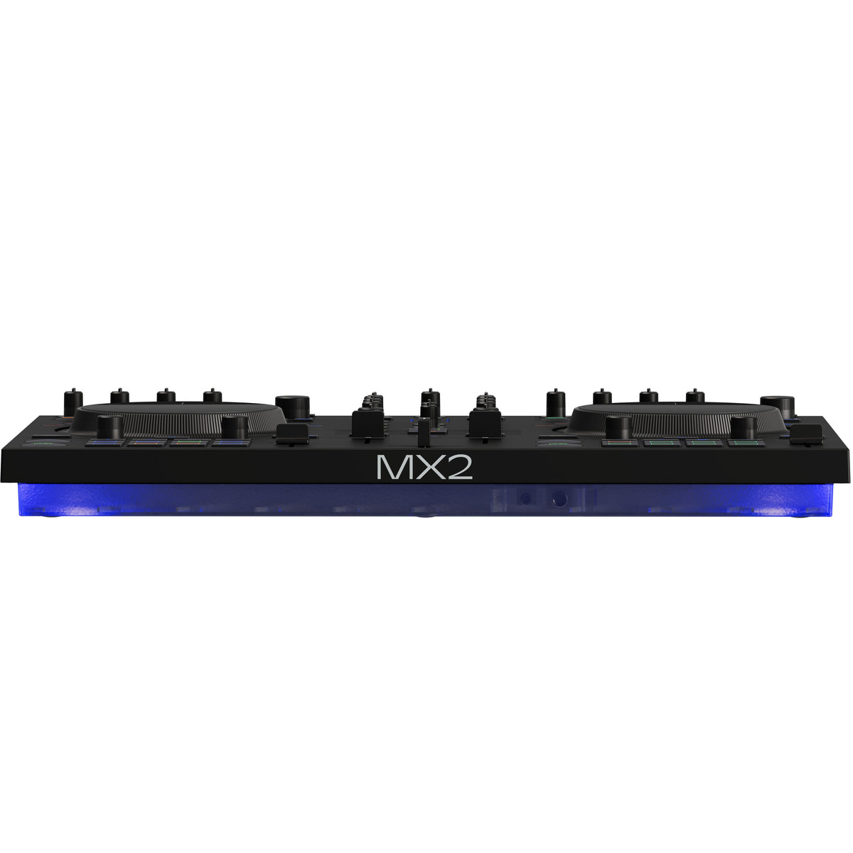 Native Instruments Traktor MX2 DJ controller with dual jog wheels, mixer faders, and illuminated controls for DJ mixing.