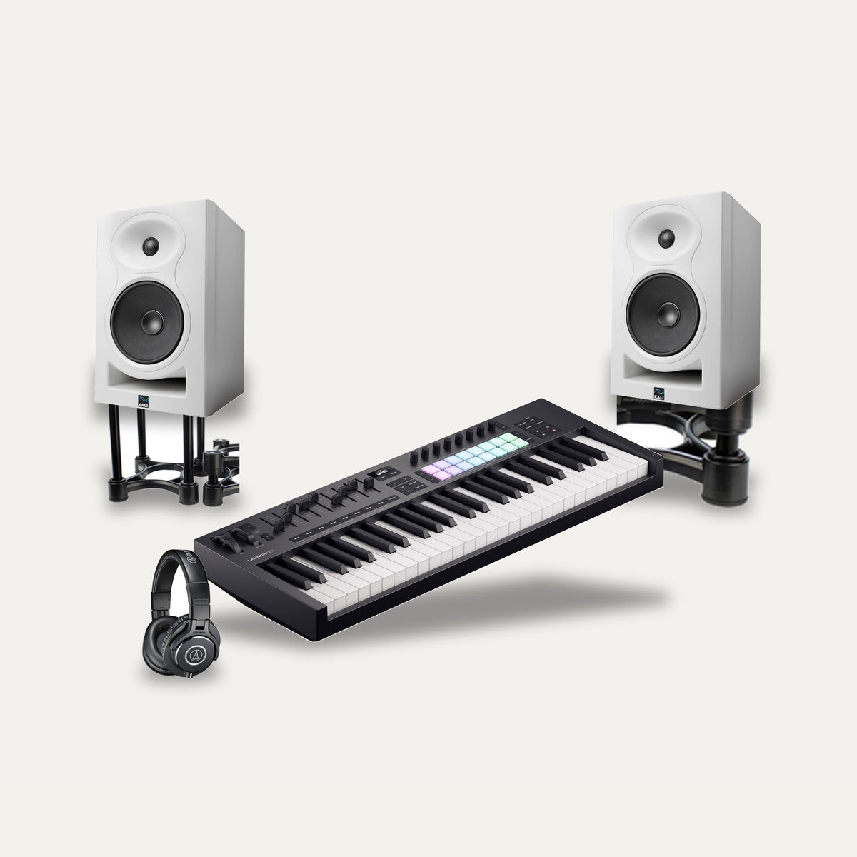 Novation Launchkey 49 MK4 + Kali Audio LP-6 V2 + IsoAcoustics ISO-155 Producer Desk Set – Keyboard Colour Black, Monitor Colour White