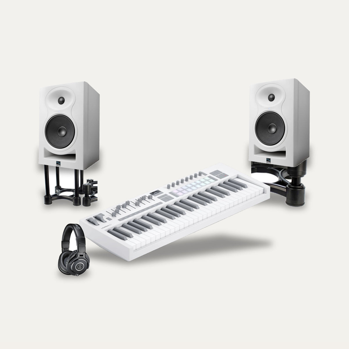 Novation Launchkey 49 MK4 + Kali Audio LP-6 V2 + IsoAcoustics ISO-155 Producer Desk Set – Keyboard Colour White, Monitor Colour White