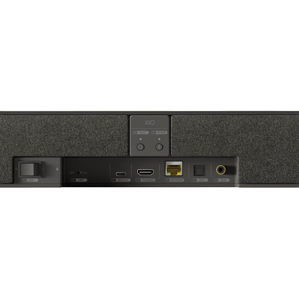 KEF XIO soundbar with sleek black design and built-in subwoofer for immersive TV audio.