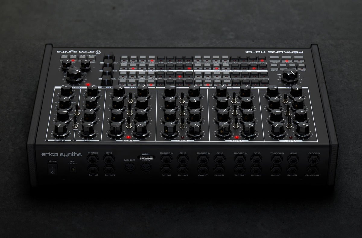 Black Erica Synths Perkons HD-01 drum machine and sampler with control knobs and display, designed for electronic music production.