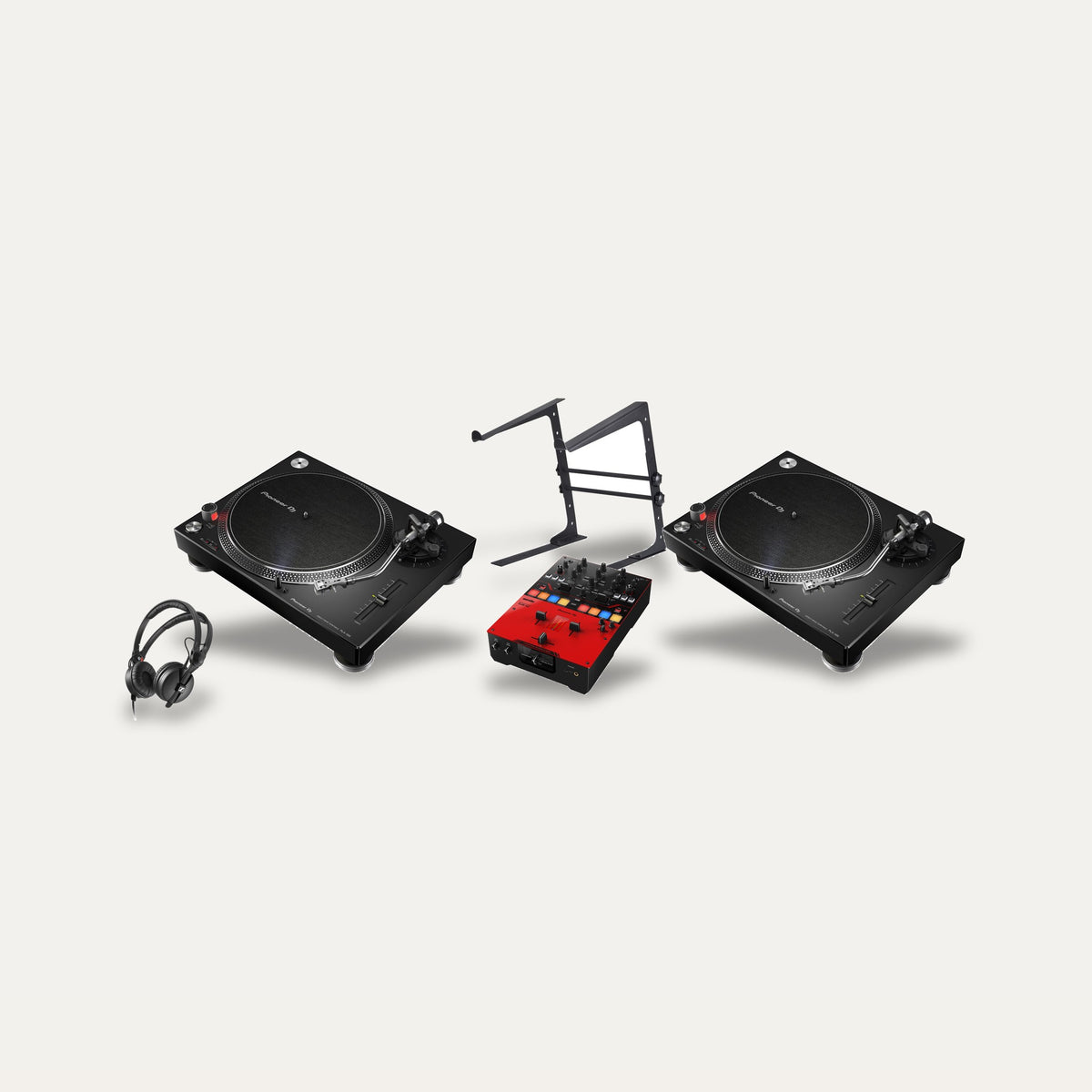 2 x Pioneer PLX-500 + DJM-S5 + Sennheiser HD 25 Scratch Set – Turntable Colour Black
