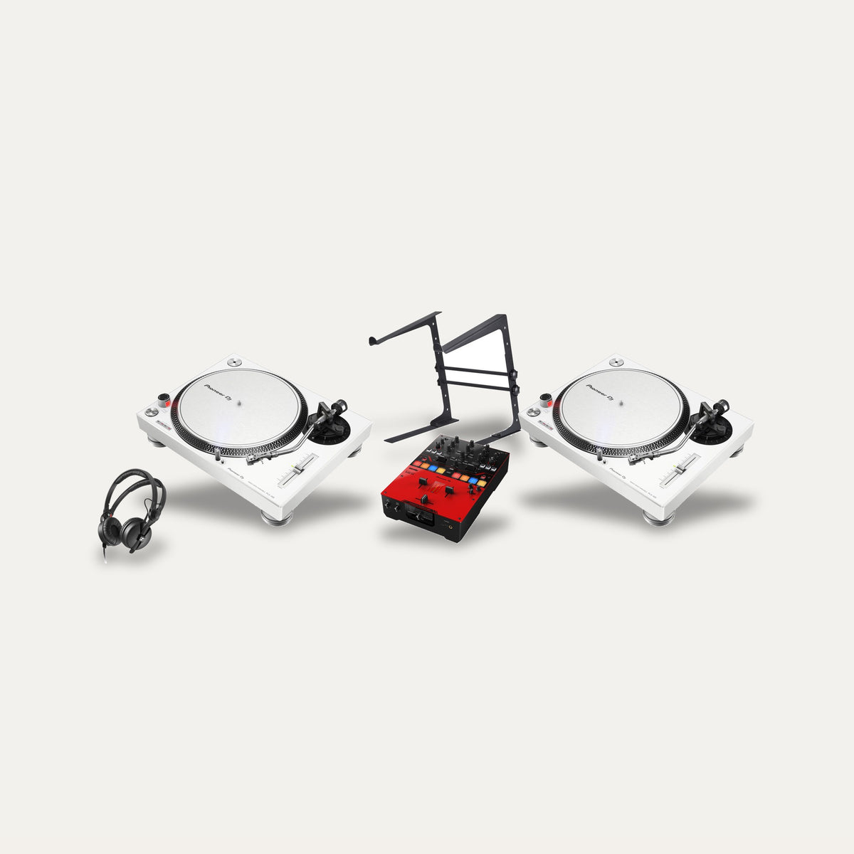2 x Pioneer PLX-500 + DJM-S5 + Sennheiser HD 25 Scratch Set – Turntable Colour White