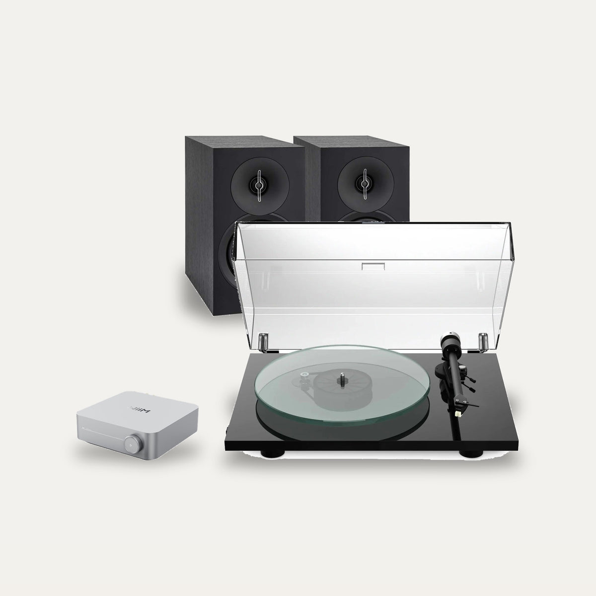 Pro-Ject T2 Super Phono + WiiM Amp + ELAC Debut B5.3 Vinyl System – Turntable Finish Gloss Black, Amplifier Colour Silver