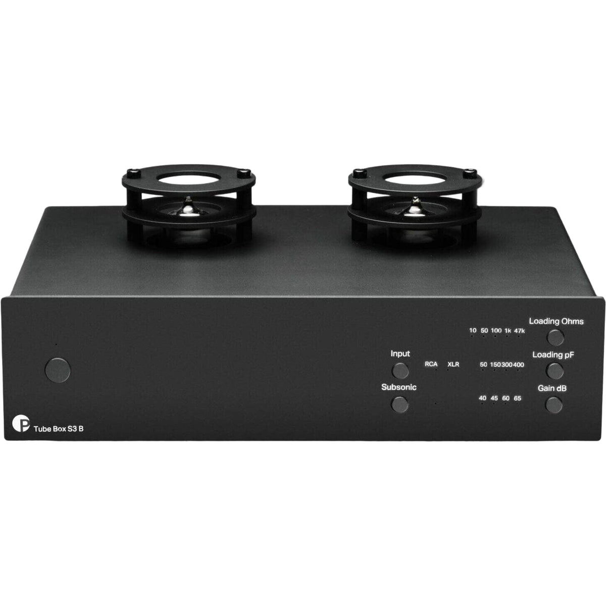 Pro-Ject Tube Box S3 B phono preamp with vacuum tubes, compact design, black finish, and connection ports visible in the image.
