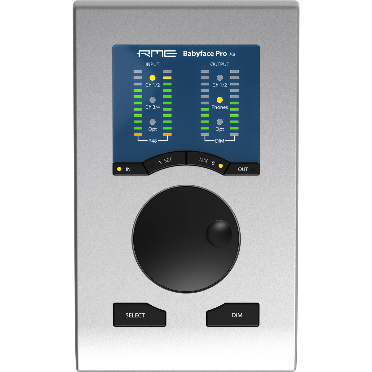 RME Babyface Pro FS audio interface, front view in black