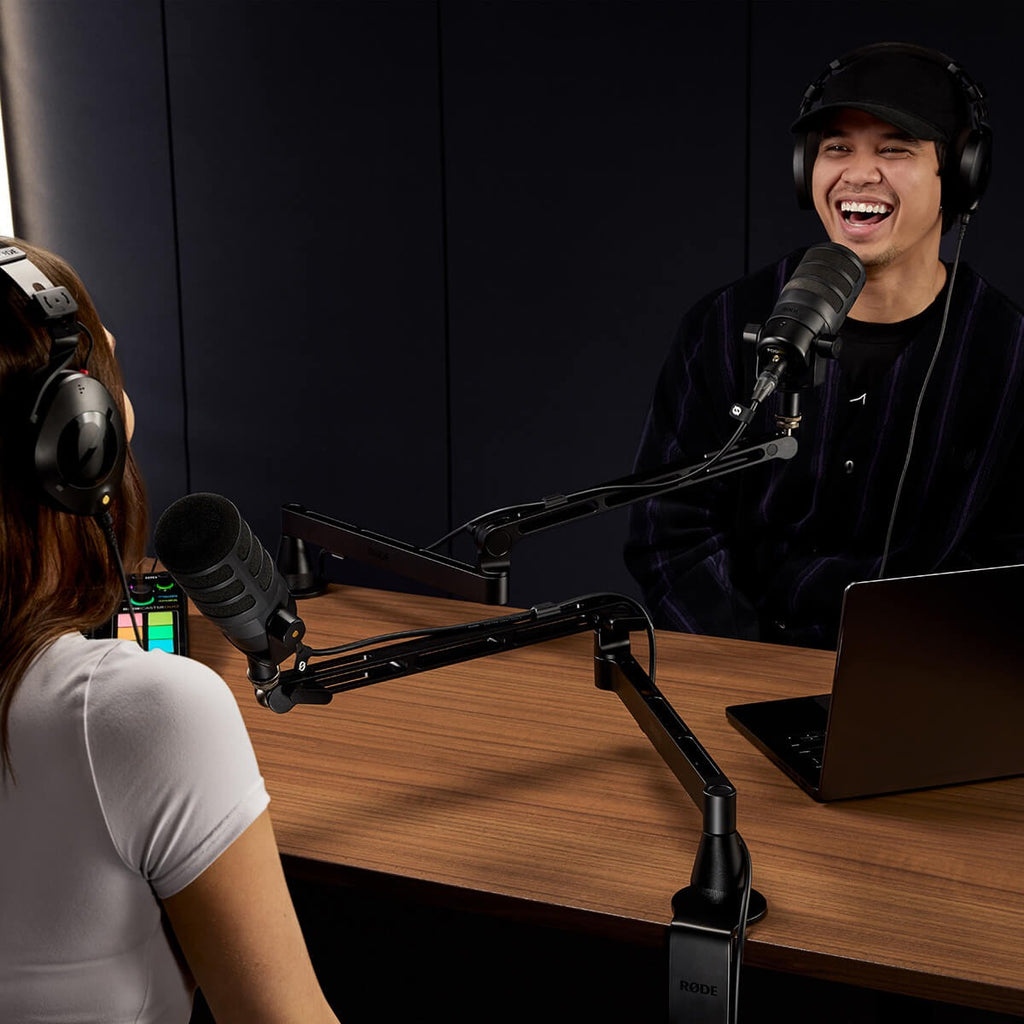 Rode LPA1 arms in a two-person video podcast studio