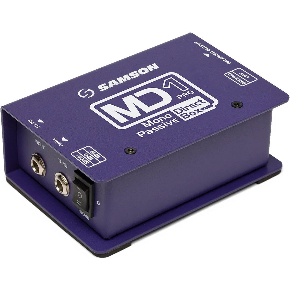 Samson MD1 Pro DI box with rugged metal case and input/output jacks for professional audio signal conversion.
