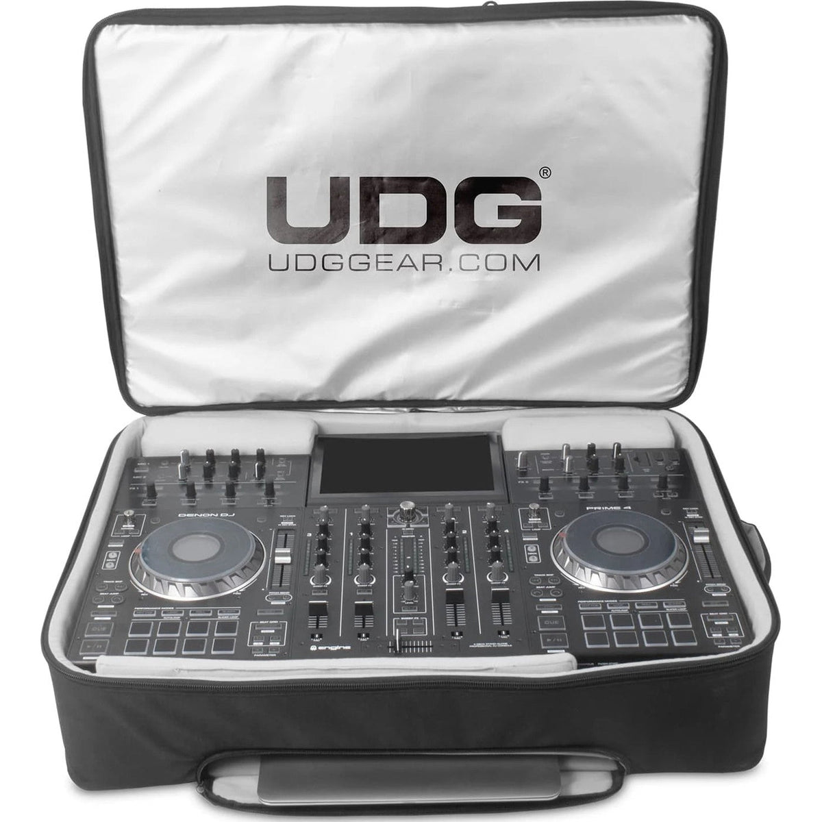 Large black UDG Urbanite MIDI Controller Backpack designed for DJs, with multiple compartments and padded straps for easy transport.