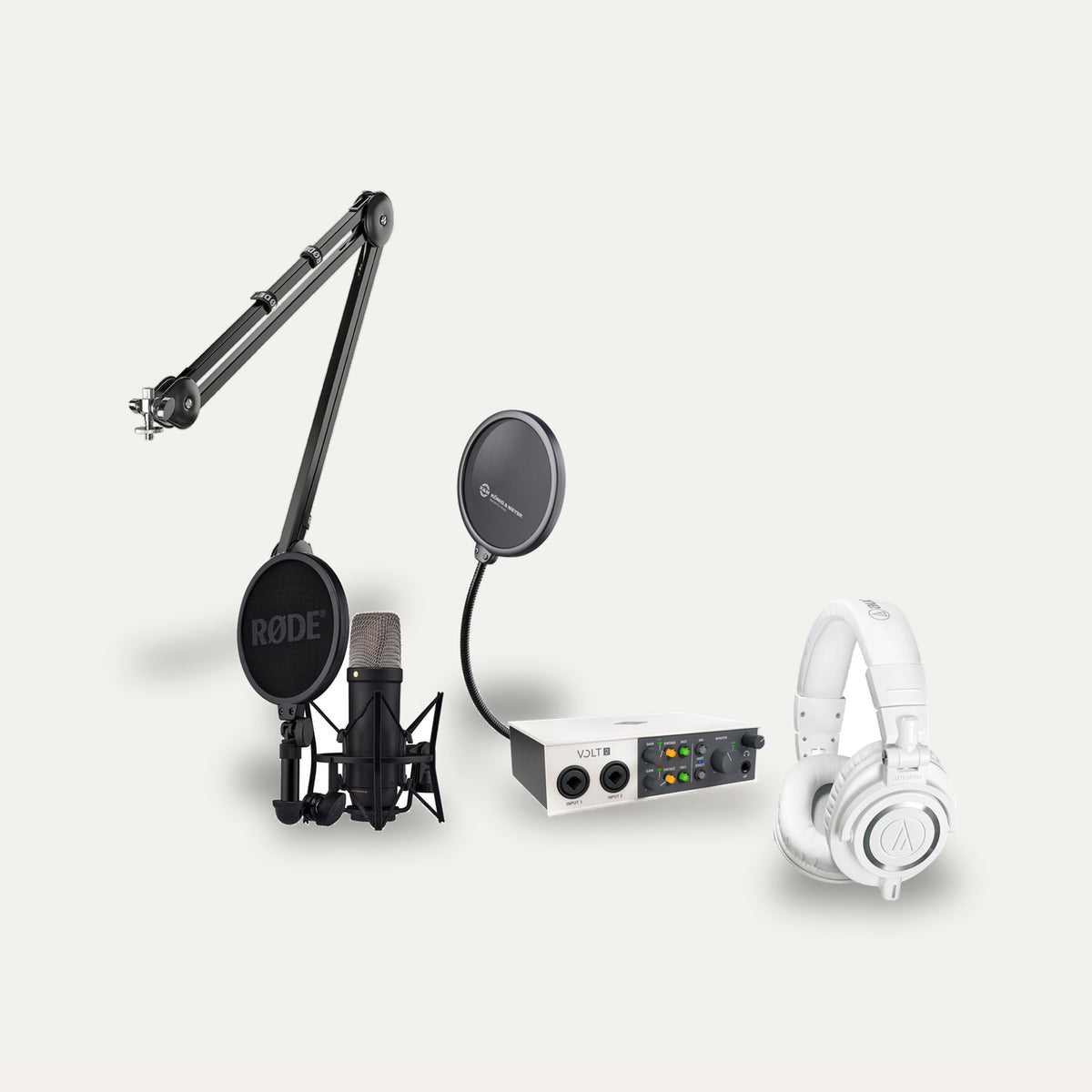 Universal Audio Volt 2 + RODE NT1 5th Gen + Audio-Technica ATH-M50x Home Studio Set – Microphone Finish Black, Headphones Colour White