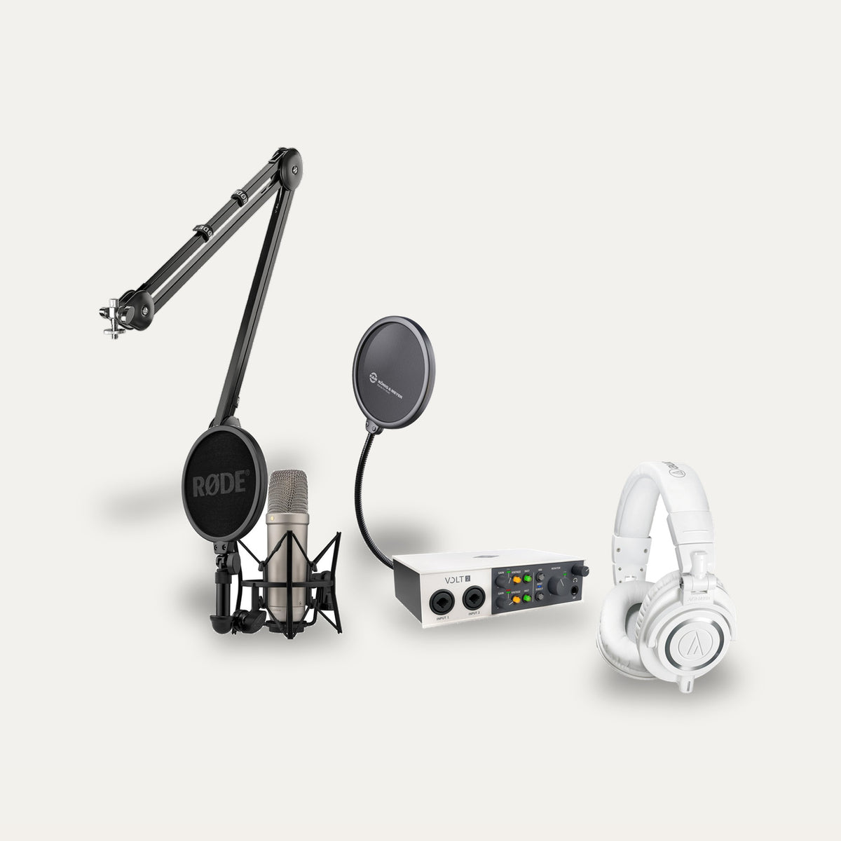 Universal Audio Volt 2 + RODE NT1 5th Gen + Audio-Technica ATH-M50x Home Studio Set – Microphone Finish Silver, Headphones Colour White