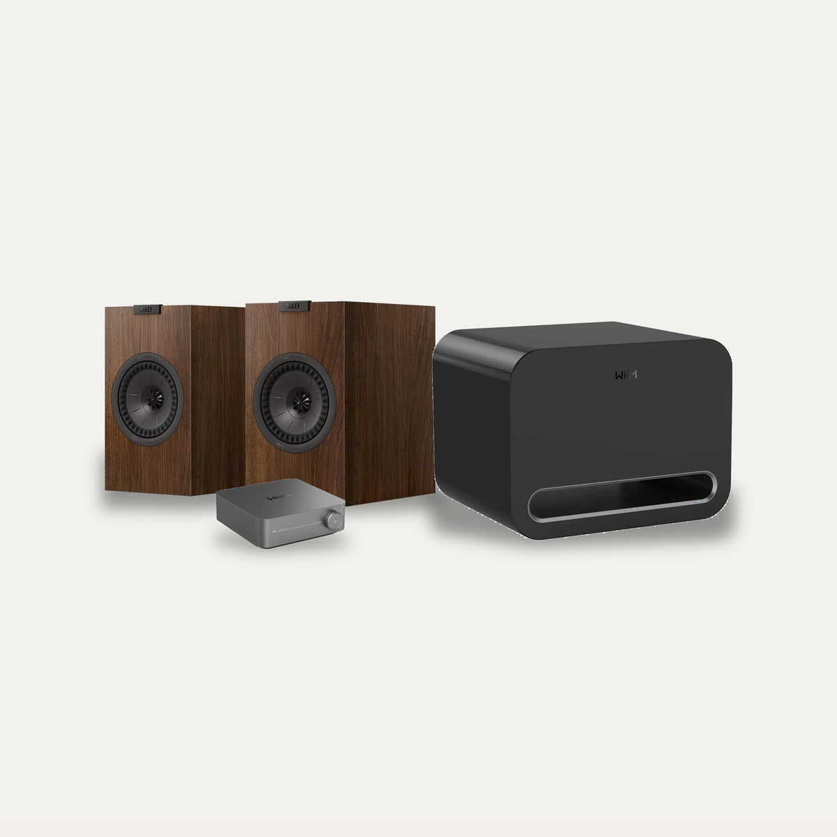 WiiM Amp Pro + WiiM Sub Pro + KEF Q1 Meta Streaming 2.1 Set – Subwoofer Colour Black, Speaker Finish Walnut
