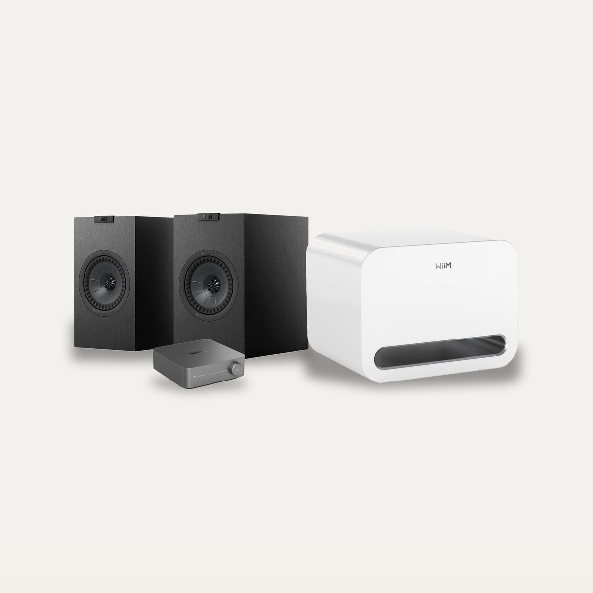 WiiM Amp Pro + WiiM Sub Pro + KEF Q1 Meta Streaming 2.1 Set – Subwoofer Colour White, Speaker Finish Satin Black