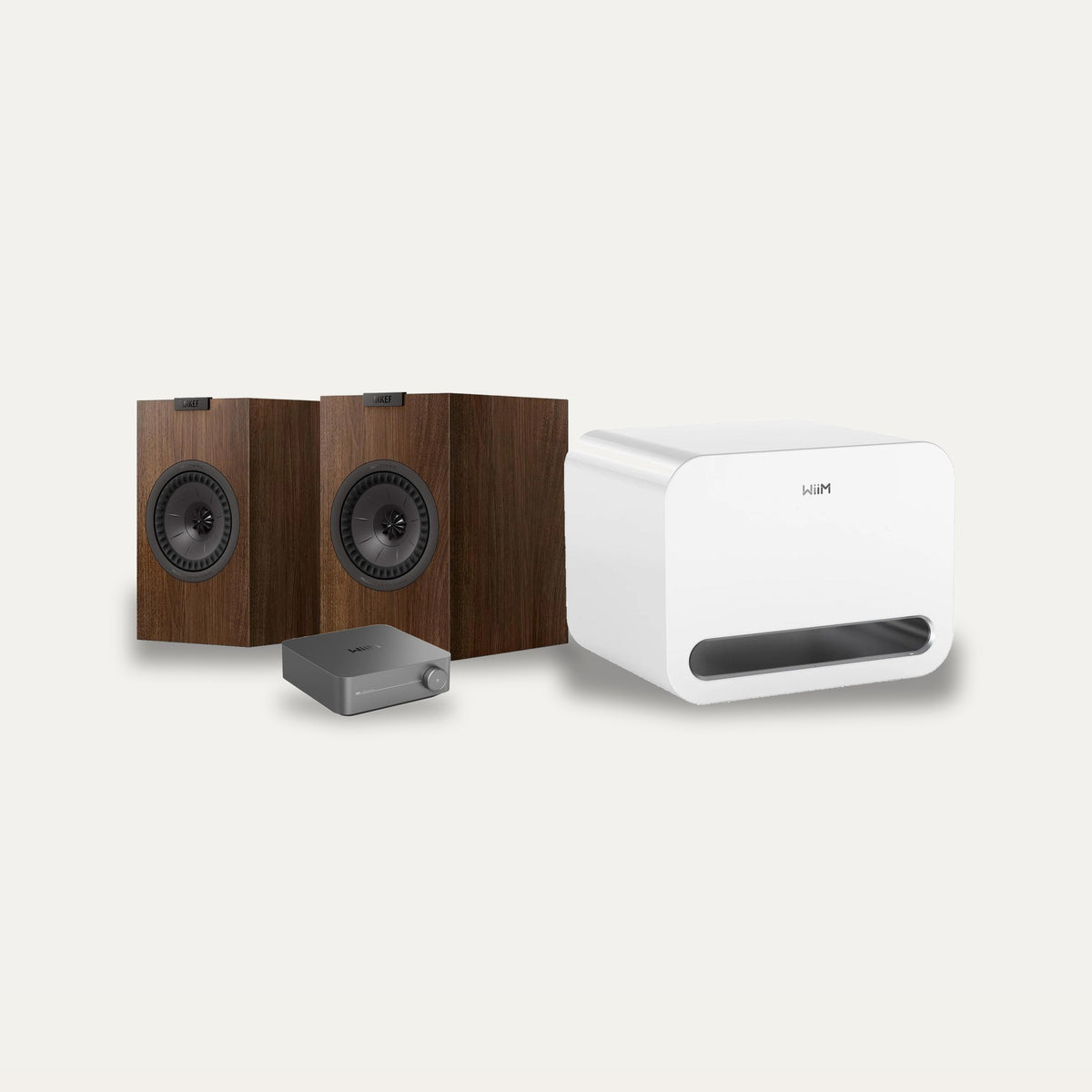 WiiM Amp Pro + WiiM Sub Pro + KEF Q1 Meta Streaming 2.1 Set – Subwoofer Colour White, Speaker Finish Walnut