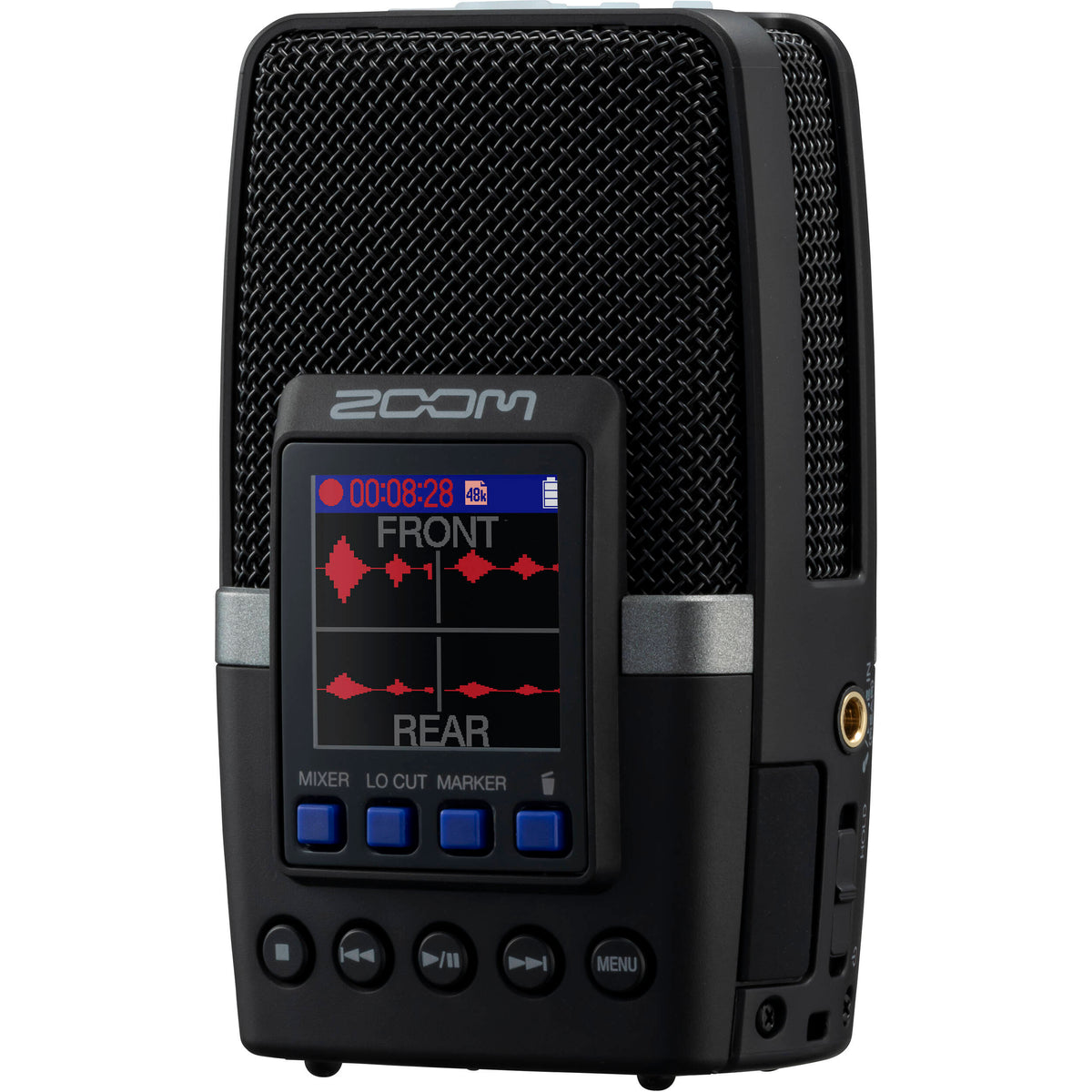 Zoom H2essential digital recorder, hero front view with display and mic array